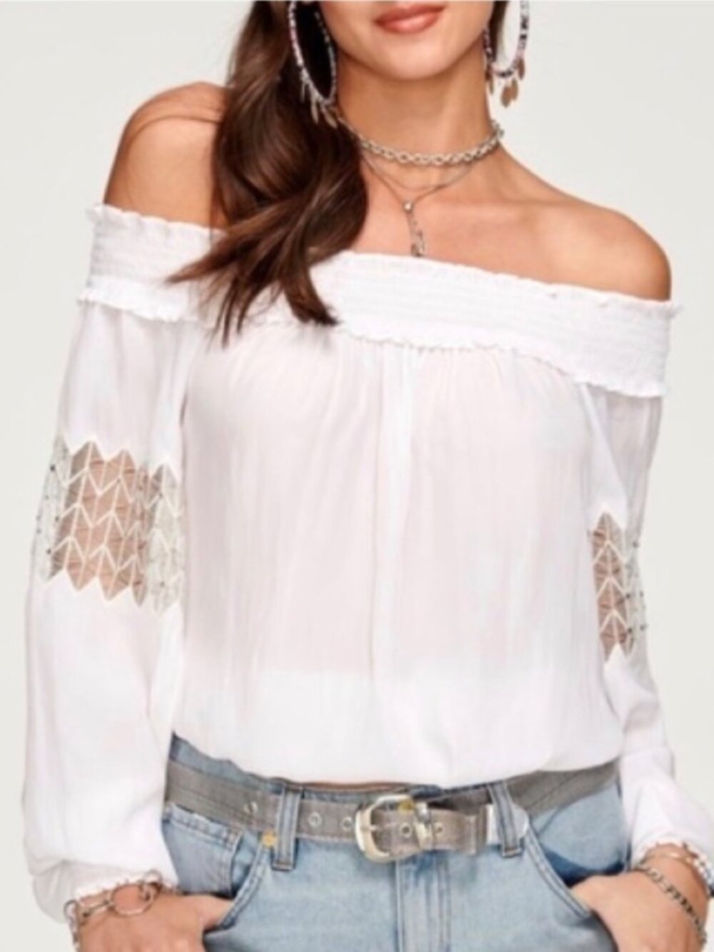 Ramy Brook Marla Blouse Size Small White Off Shoulder Smocked Euro Summer Chic